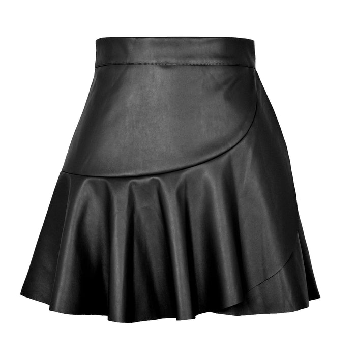 Color-Black-High Waist Ruffles Irregular Asymmetric Leather Skirt Skirt Sexy Sexy Faux Leather Skirt Women Clothing-Fancey Boutique