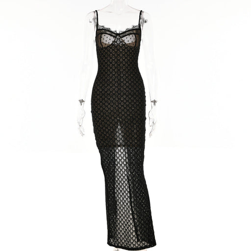 Color-Black-Autumn Sexy Suspender Tight Dress Lace Backless Split Polka Dot Dress-Fancey Boutique