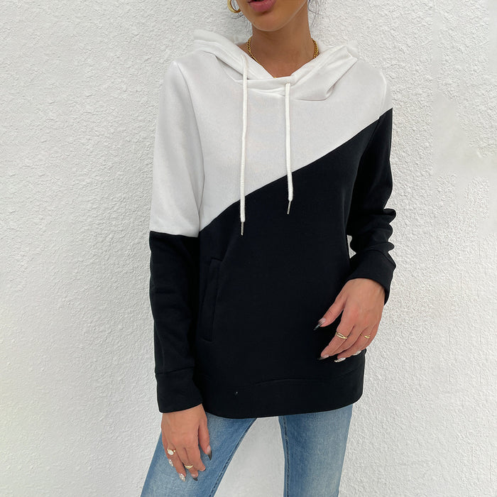 Color-Spring Autumn Women Clothing round Neck Long Sleeve Black White Stitching Hooded Pullover Tops Sweater-Fancey Boutique