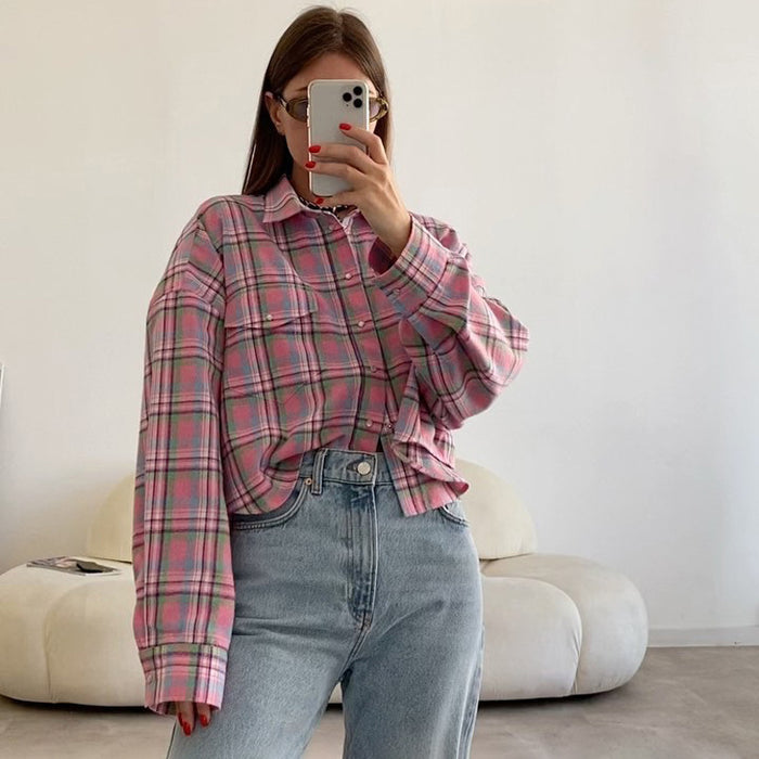 Color-Fall Retro Easy Matching Cotton Collared Long Sleeve Shirt Loose Casual Pink Plaid Shirt Women Clothing-Fancey Boutique