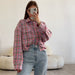 Color-Fall Retro Easy Matching Cotton Collared Long Sleeve Shirt Loose Casual Pink Plaid Shirt Women Clothing-Fancey Boutique