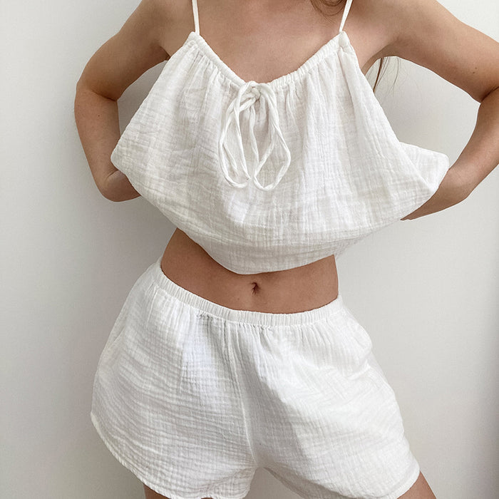 Color-Summer Halter Sleeveless Double Layer Gauze Cotton Lace up Drawstring Shorts White Suit Pajamas Home Wear for Women-Fancey Boutique