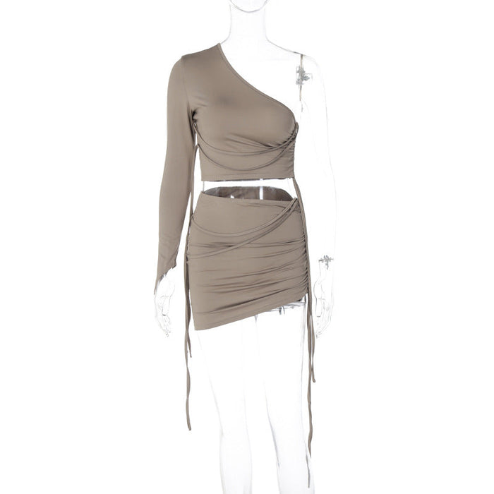 Color-Khaki-Women Clothing Autumn One Shoulder Cropped Top Slim Side Drawstring Dress Set-Fancey Boutique