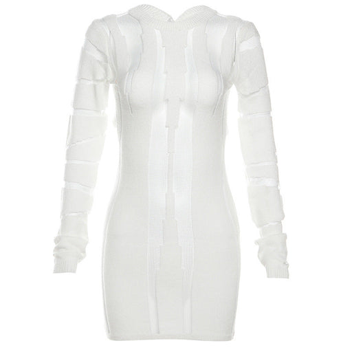 Color-White-Women Clothing Autumn Sexy Hollow Out Cutout out See through Long Sleeve Slim Fit Sheath Woolen Dress-Fancey Boutique