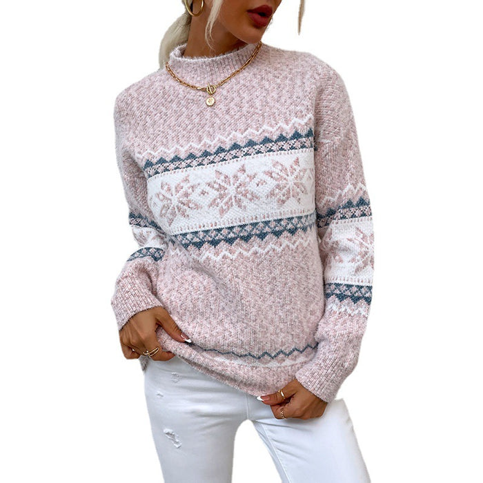 Color-Christmas Sweater Autumn Winter New Half Turtleneck Snowflake Sweater for Women-Fancey Boutique