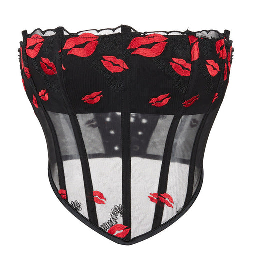 Color-Black-Mesh Red Lip Print Pattern Women Tube Top Breathable Court Top-Fancey Boutique
