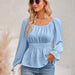 Color-Blue-Autumn Winter Casual Women Clothing Round Neck Waist Trimming Solid Color Ruffle Sleeve Top Women-Fancey Boutique