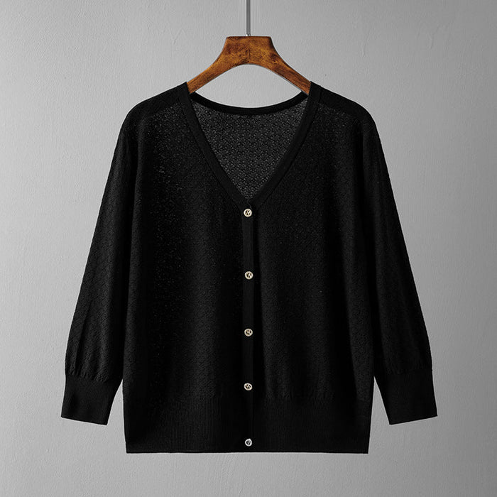 Color-Black-Ice Silk Cardigan Women Thin Coat Small Waistcoat Outerwear Fashionable Sweater Women-Fancey Boutique