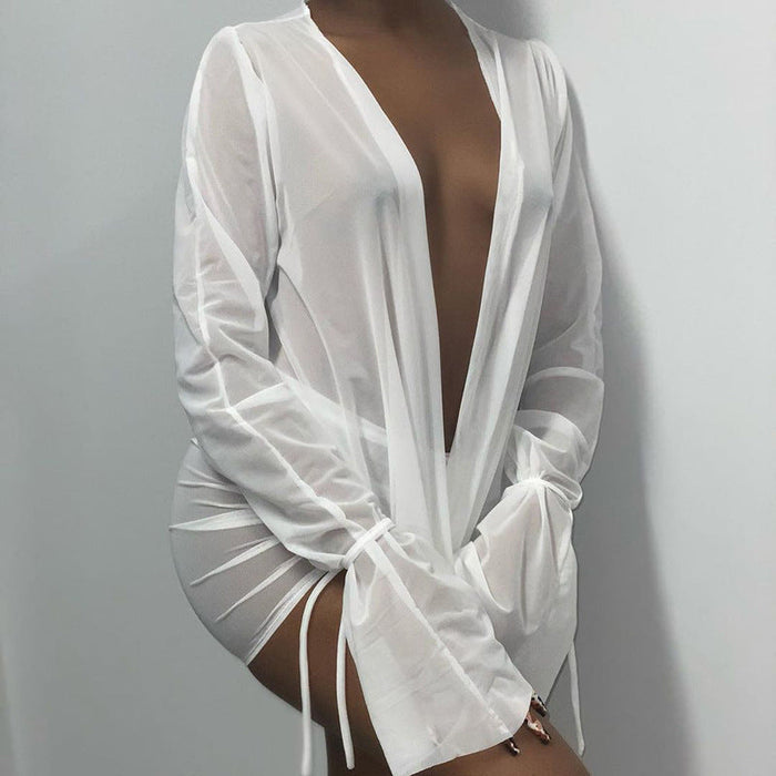 Color-White-Women Clothing Summer Solid Color Deep V Plunge Plunge Pile Collar Mesh See through Pleating Two Piece Set-Fancey Boutique