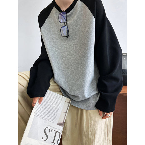 Color-Casual Contrast Color Profile T shirt Women Loose Idle Color Block Raglan Sleeves Long Sleeve Bottoming Top-Fancey Boutique