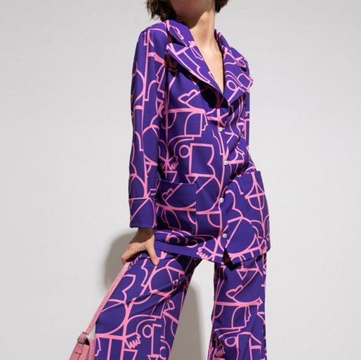 Color-Printed Purple Printed Collared Pajama Pants Autumn Winter Pajamas Women Loose Comfortable Homewear-Fancey Boutique