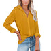 Color-Yellow-Women Clothing Autumn Winter Casual Loose Long Sleeve Buckle V neck Shirt Top-Fancey Boutique