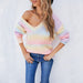 Color-Autumn Winter Women Rainbow Stitching Tie Dyed V neck Pullover Personality Sweater Knitted-Fancey Boutique