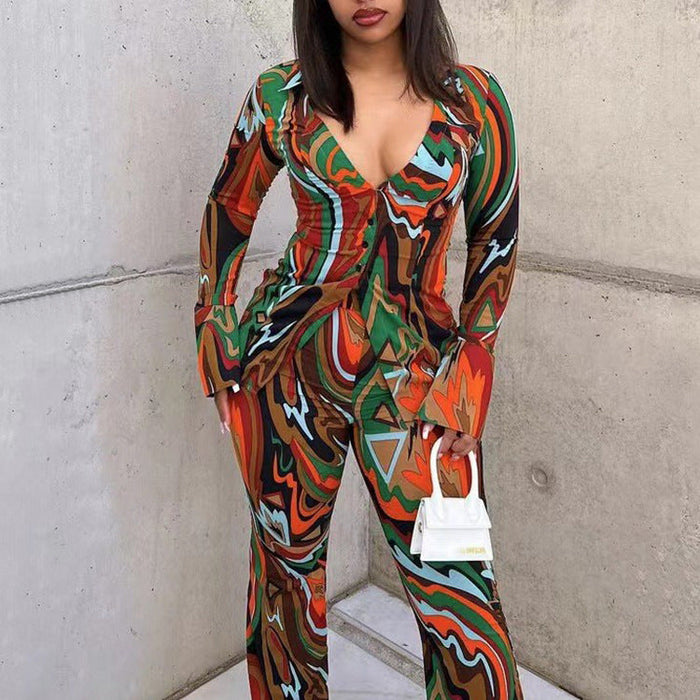 Color-Fall Deep V Plunge Suit Women Sexy Print Shirt Wide Leg Pants Casual Two Piece Suit-Fancey Boutique