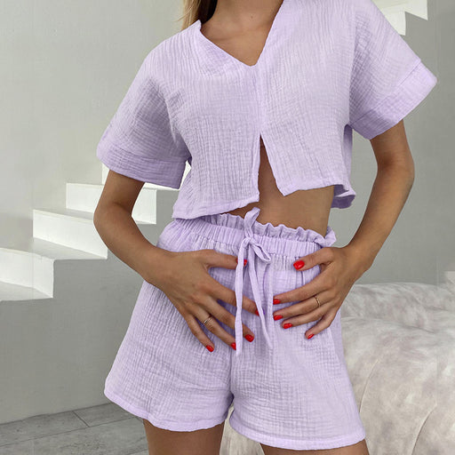 Color-Pure Cotton Purple V Collar Batwing Sleeve Short Sleeve Pants Pajamas Set Summer Ladies Homewear-Fancey Boutique