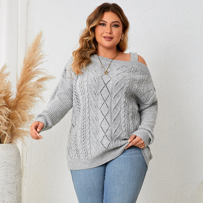 Color-Plus Size Round Neck Pullover Sweater Chubby Long Sleeve off Shoulder Top for Women-Fancey Boutique