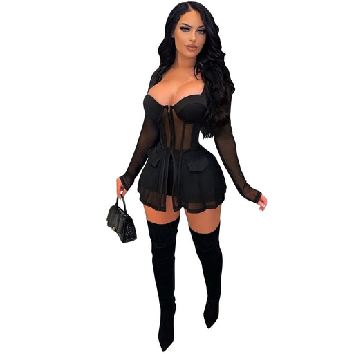 Color-Black-Solid Color Women Clothing Mesh See-through Chest Wrap Long Sleeve Shorts Two-Piece Set-Fancey Boutique