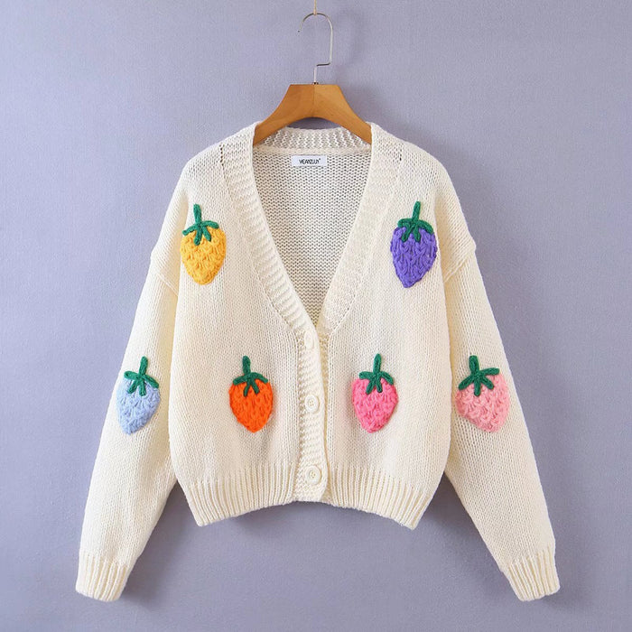 Color-Ivory-Autumn Two-Color Cute Strawberry Sweater Cardigan V neck Single Breasted Coat-Fancey Boutique