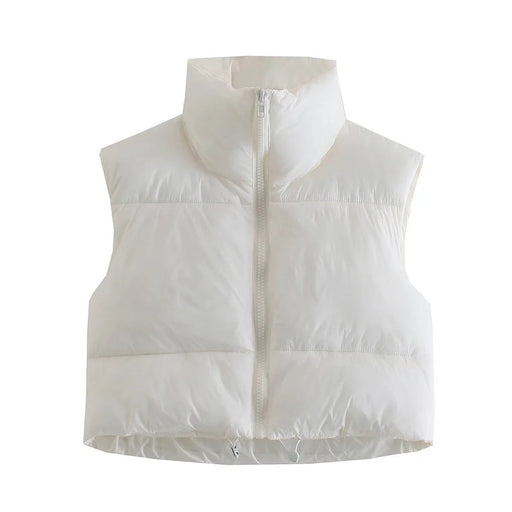 Color-White-Sleeveless Zipped Stand Collar Cotton Vest Autumn Winter Multi Color Slim Fit Cotton Padded Jacket Vest Top-Fancey Boutique