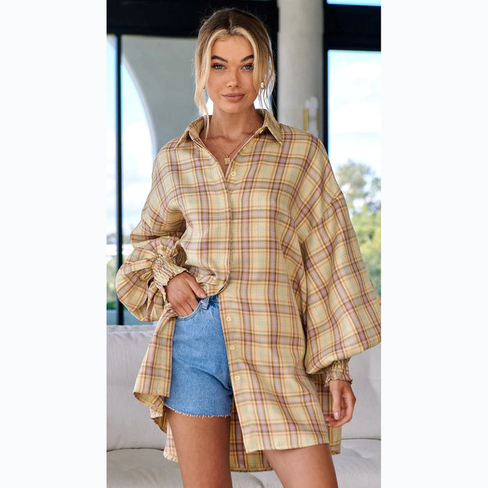 Color-Khaki-Casual Years Autumn Winter Plaid Lantern Sleeve Long Sleeve Shirt-Fancey Boutique