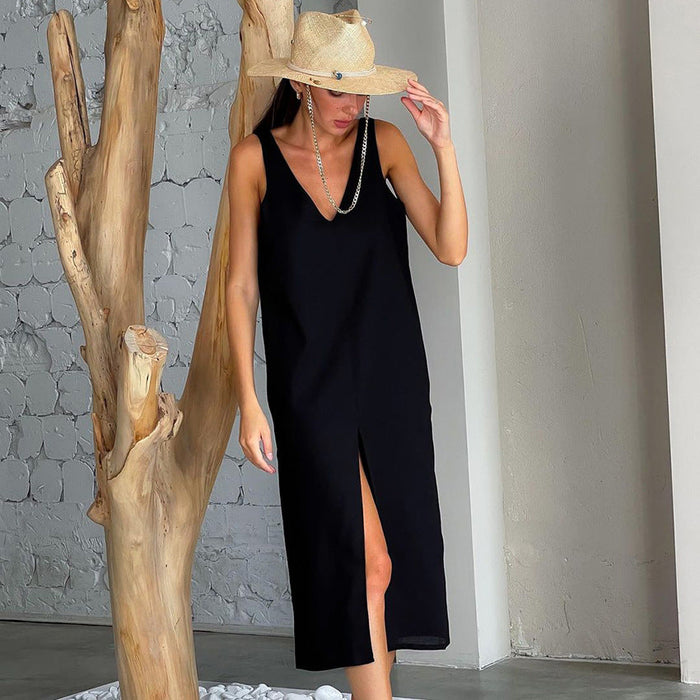 Color-Black-Summer Long Split Cotton Linen Nightdress Outerwear Home Women Casual Sling One Piece Pajamas-Fancey Boutique