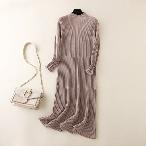 Color-Women Clothing Overknee Dress Autumn Winter Women Half Turtleneck Striped Knitted Bottoming Dress Slim Fit-Fancey Boutique