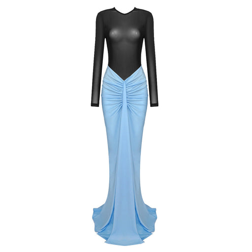 Color-Black-Women Clothing Mesh Jumpsuit Sky Blue Longguette Two Piece Set Sexy See through Set-Fancey Boutique