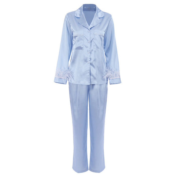 Color-Blue long-Fall Christmas Artificial Silk Blue Feather Detachable Long Sleeve Shorts Pajamas Women French Homewear-Fancey Boutique