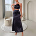 Color-Elegant Halter Black Skirt Set Sexy Slit High Waist Skirt Two Piece Set-Fancey Boutique