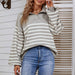 Color-Autumn Winter Mixed Color Stripe Polo Collar Sweater Women Lantern Sleeve Sweater-Fancey Boutique
