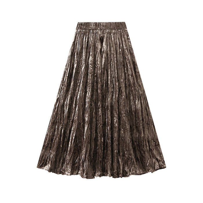 Color-Pleated Velvet Skirt Women Autumn Winter High Waist A Line Skirt Mid Long Slim Pleated Skirt-Fancey Boutique