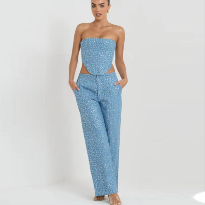 Color-Spring Summer Denim Sequ Tube Top Wide Leg Pants Suit-Fancey Boutique