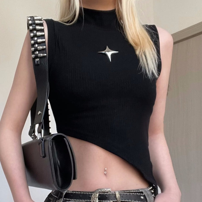 Color-Metal Five Pointed Star Decorative Stitching Half Turtleneck Sleeveless Beveled Bare Cropped Slim Fit Top Sexy Vest-Fancey Boutique