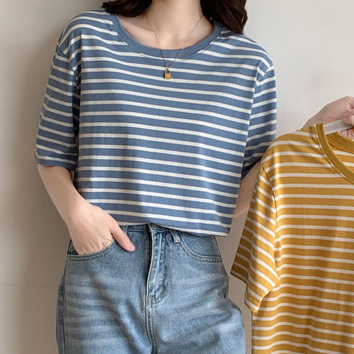 Color-Blue-Women Short Sleeved T shirt Summer Thin Loose Cotton Green Striped T shirt Women Top Clothes-Fancey Boutique