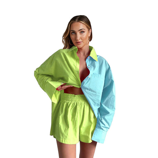 Color-fluorescent green-Spring Summer Two-Piece Set Solid Color Stitching Single-Breasted Long Sleeve Collared Shirt Shorts Loose Casual Suit-Fancey Boutique