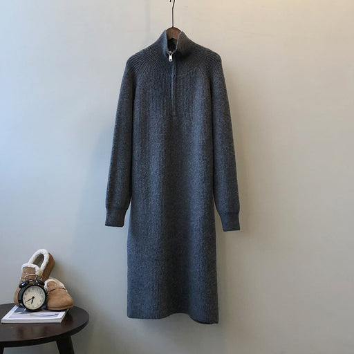 Color-Dark Grey-Zipper Long Sleeve Knitted Dress Winter Base Ride Mid Length Sweater Dress-Fancey Boutique