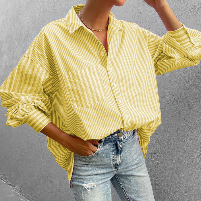 Color-Yellow-Autumn Women Clothing Collared Loose Long Sleeve Striped Shirt-Fancey Boutique