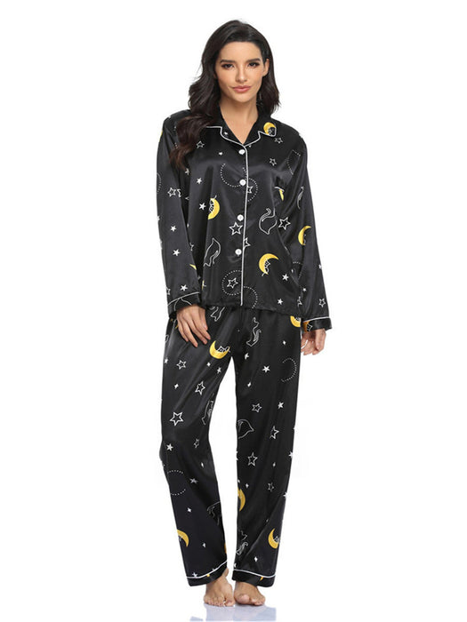 Color-Black XINGX-Home Wear Suit Pajamas Women Satin Cardigan Long Sleeve Long Sleeve Autumn-Fancey Boutique