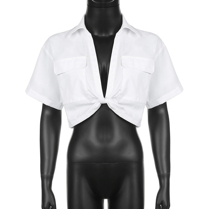 Color-White-Women Clothing Sexy Short Exposed Cropped Twisted Solid Color Polo Collar Shirt T shirt Top-Fancey Boutique