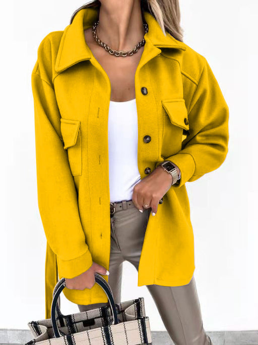 Color-Yellow-Fall Winter Lapels Single-Breasted Thickened Solid Color Shirt Woolen Baggy Coat Female-Fancey Boutique