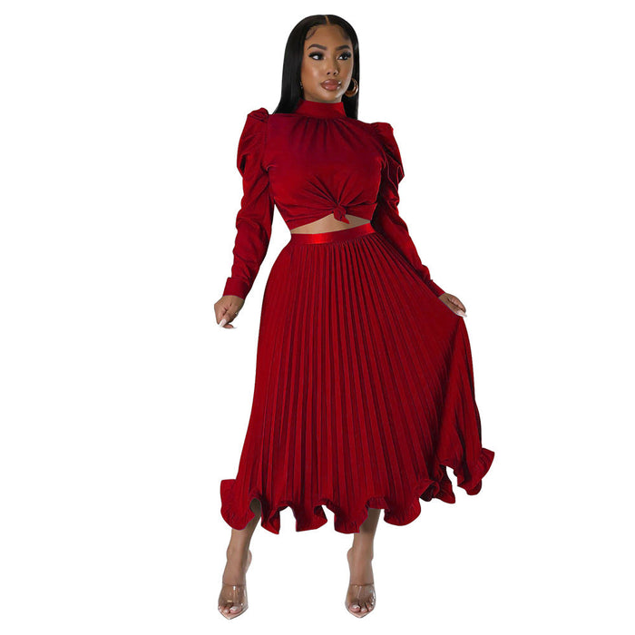 Color-Red-Autumn Women Clothing Puff Sleeve Top Ruffled Pleated Skirt Two Piece Set-Fancey Boutique