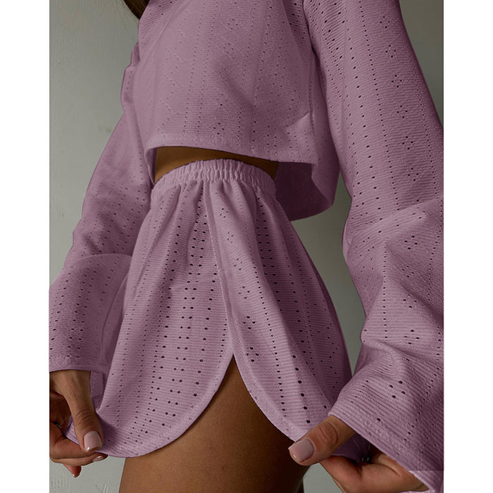 Color-Autumn Ladies Simple Slim Fit Loose Pullover Top Shorts Set-Fancey Boutique