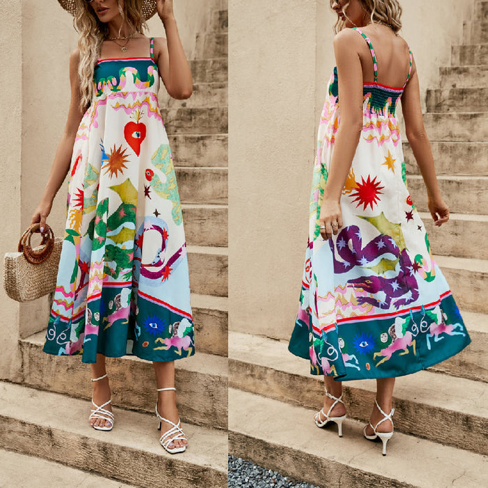 Color-Casual Dress Women Clothing Spaghetti-Strap Floral Print Sleeveless Swing Dress-Fancey Boutique