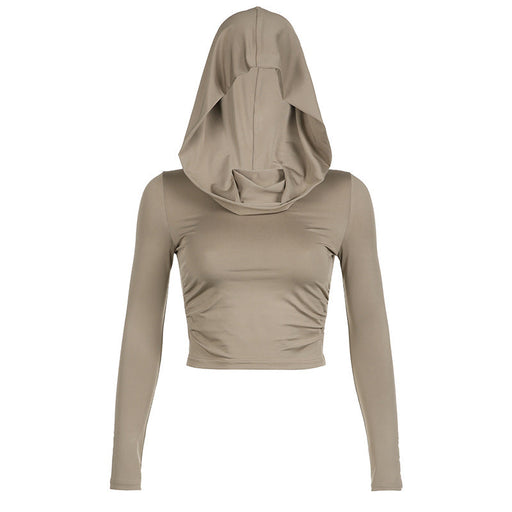 Color-Brown-Women Wear Dune Hooded Top Autumn Winter Casual Solid Color Long Sleeve Pleated Cropped T shirt-Fancey Boutique