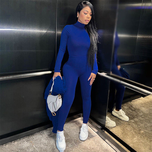 Color-Blue-Women Autumn And Winter Tight High Neck Long Sleeved Pants Sets-Fancey Boutique