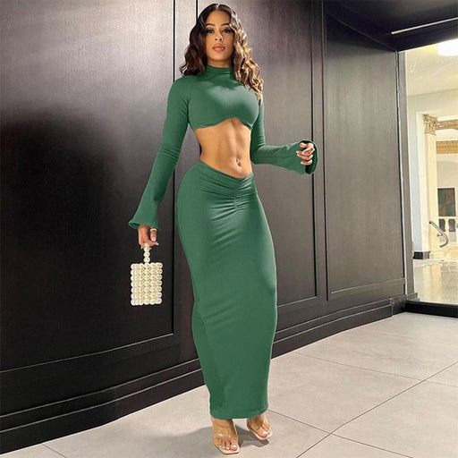 Color-Dark Green-Women Clothing Short Sleeved Top Pleated Sexy Mid Length Skirt Set-Fancey Boutique