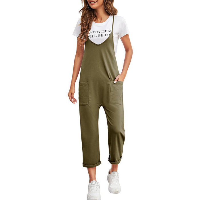 Color-Army Green-Spring Women Casual Pocket Trousers Solid Color Loose Sling Straight Jumpsuit-Fancey Boutique
