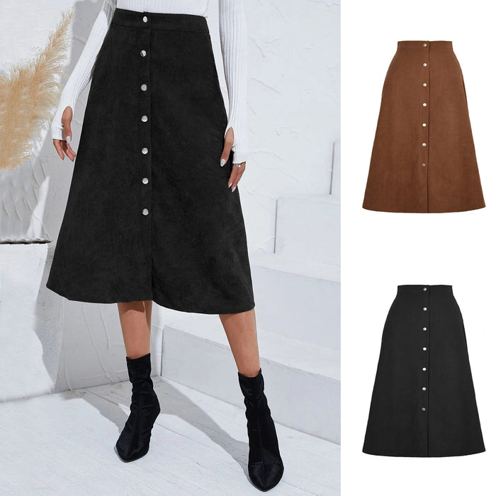 Color-Women Clothing Boutique Corduroy Skirt Single Breasted High Waist Autumn Winter Maxi Women Skirt-Fancey Boutique