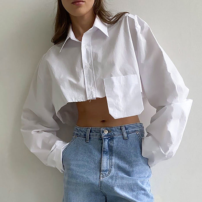 Color-Autumn Cropped Asymmetric Stitching Casual Dignified Sense of Design Short Model in White Color Shirt Women Clothing-Fancey Boutique