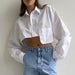 Color-Autumn Cropped Asymmetric Stitching Casual Dignified Sense of Design Short Model in White Color Shirt Women Clothing-Fancey Boutique